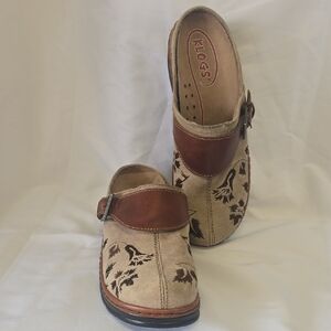 Klogs Austin Women's Suede Leather Mules Brown Leather Strap & Embroidery, 8.5